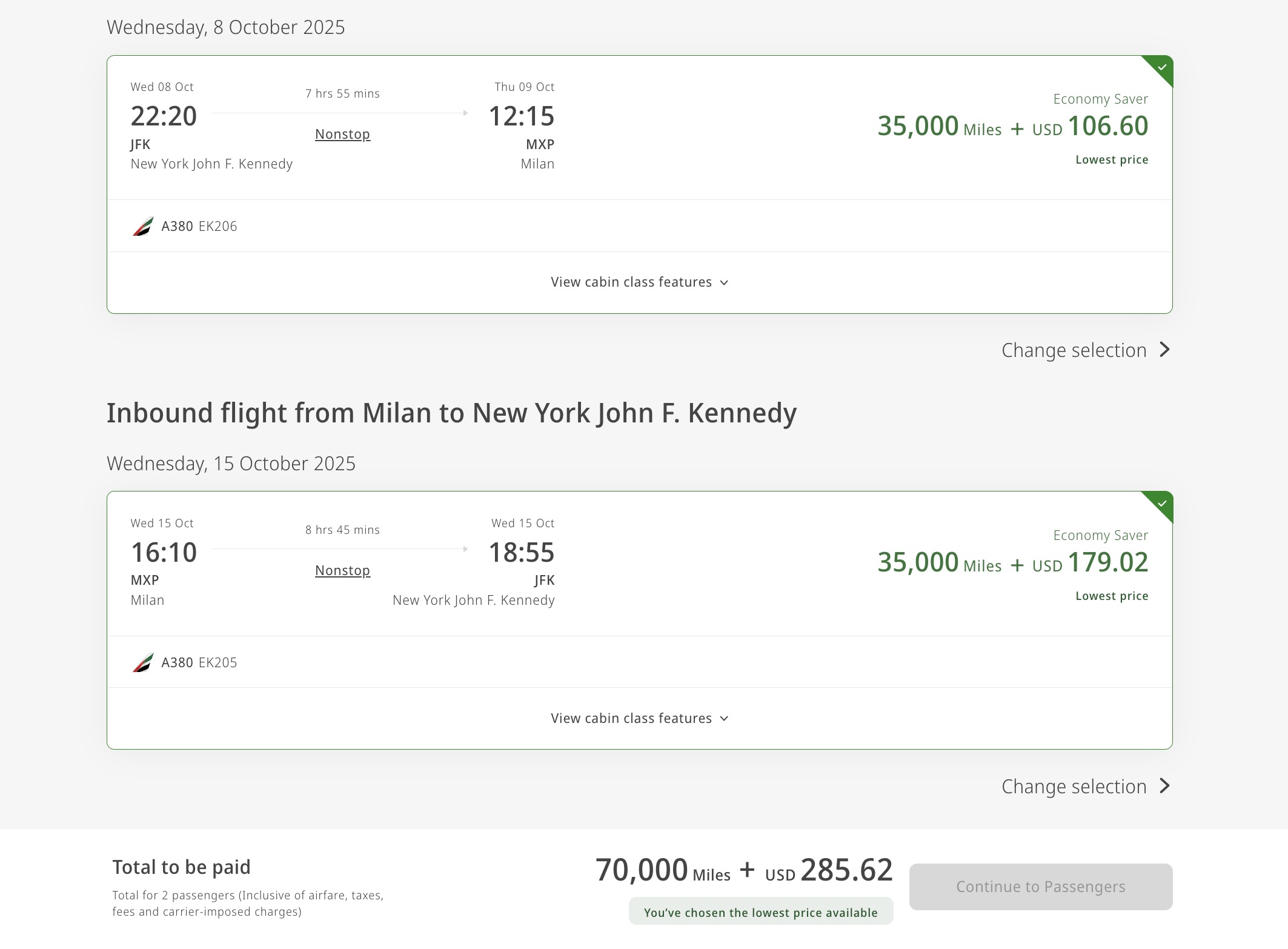 Emirates roundtrip airfare for 35,000 miles from JFK to Milan. 